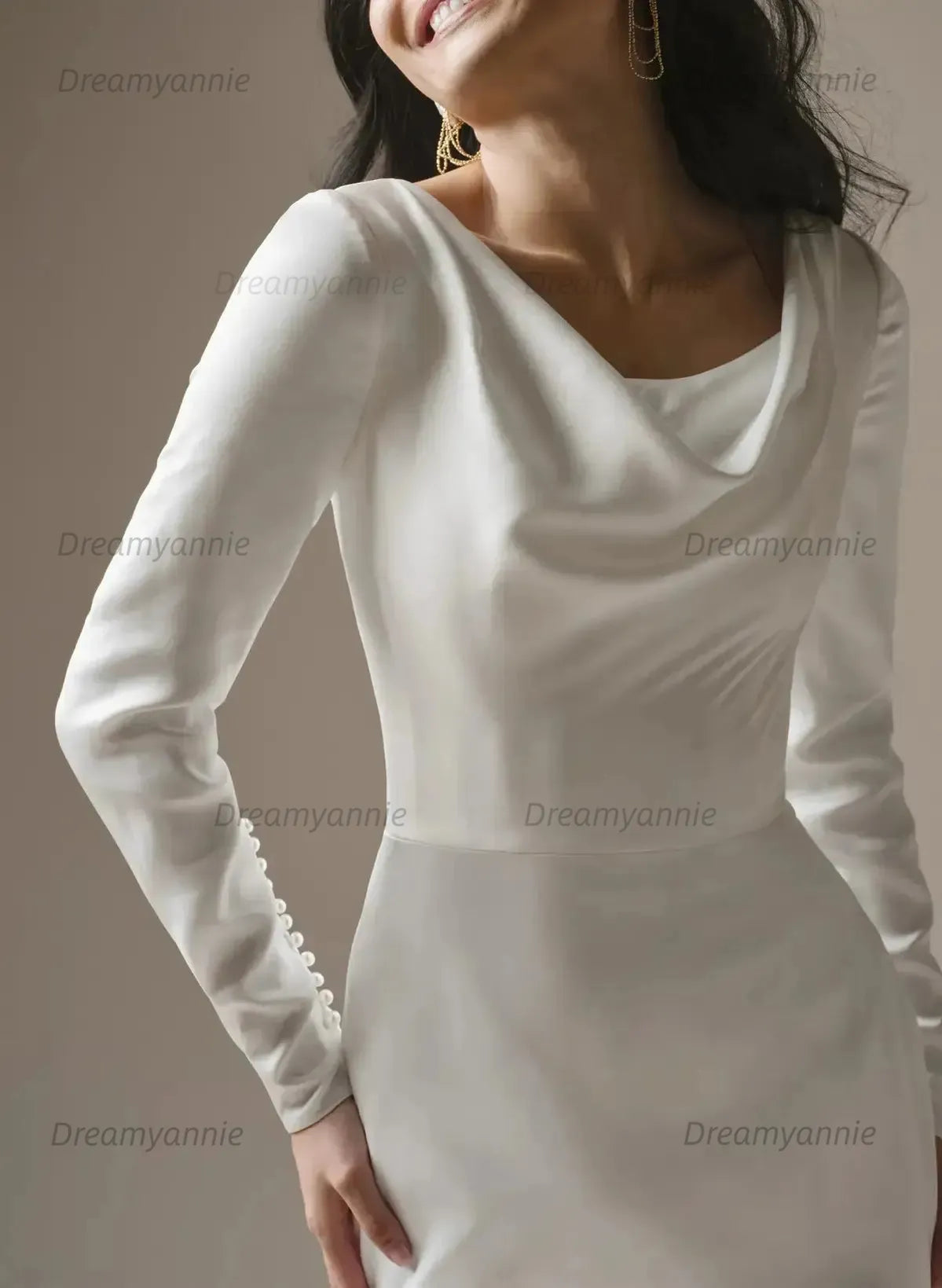 Trumpet Mermaid Scoop Neck Long Sleeves Court Train Crepe Satin Wedding Dress with Beading