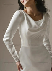 Trumpet Mermaid Scoop Neck Long Sleeves Court Train Crepe Satin Wedding Dress with Beading