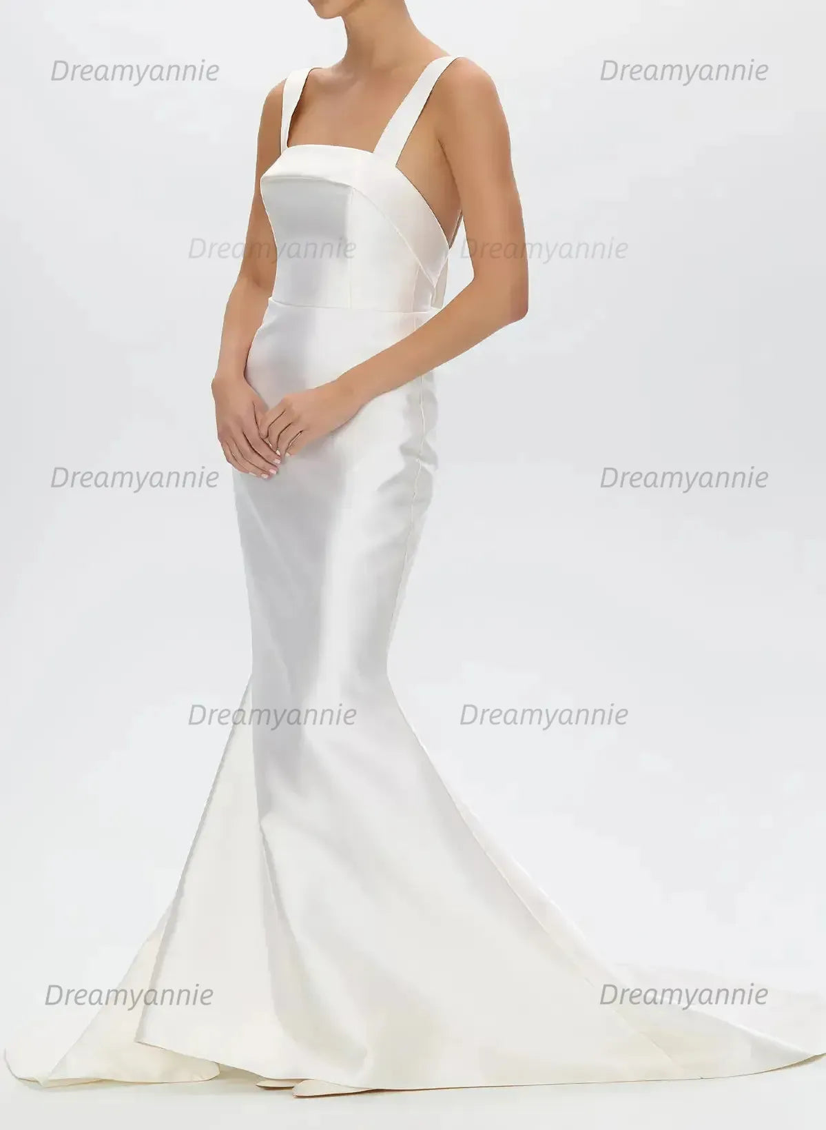 Trumpet Mermaid Scoop Neck Sleeveless Satin Wedding Dress with Detachable Bow Train