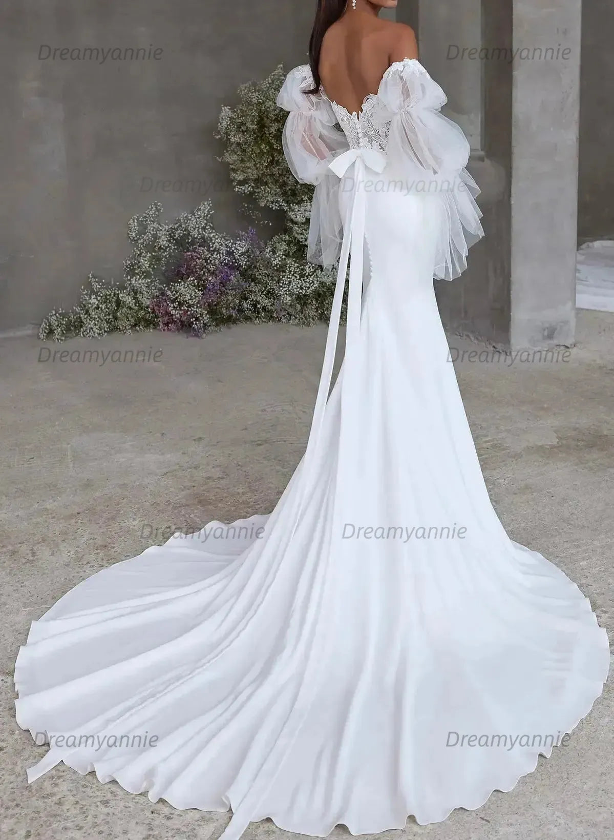 Trumpet Mermaid Sweetheart Detachable Sleeves Court Train Lace Satin Wedding Dress with Bow
