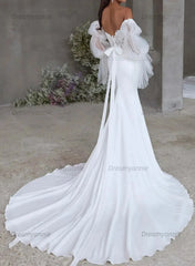 Trumpet Mermaid Sweetheart Detachable Sleeves Court Train Lace Satin Wedding Dress with Bow