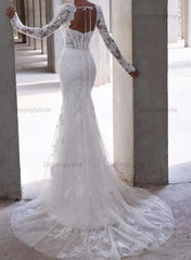 Trumpet Mermaid Sweetheart Long Sleeves Court Train Elastic Satin Wedding Dress with Appliques