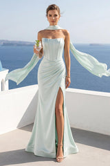 Trumpet/Mermaid Strapless Sleeveless Floor-Length Bridesmaid Dresses with Scarf & Split Side