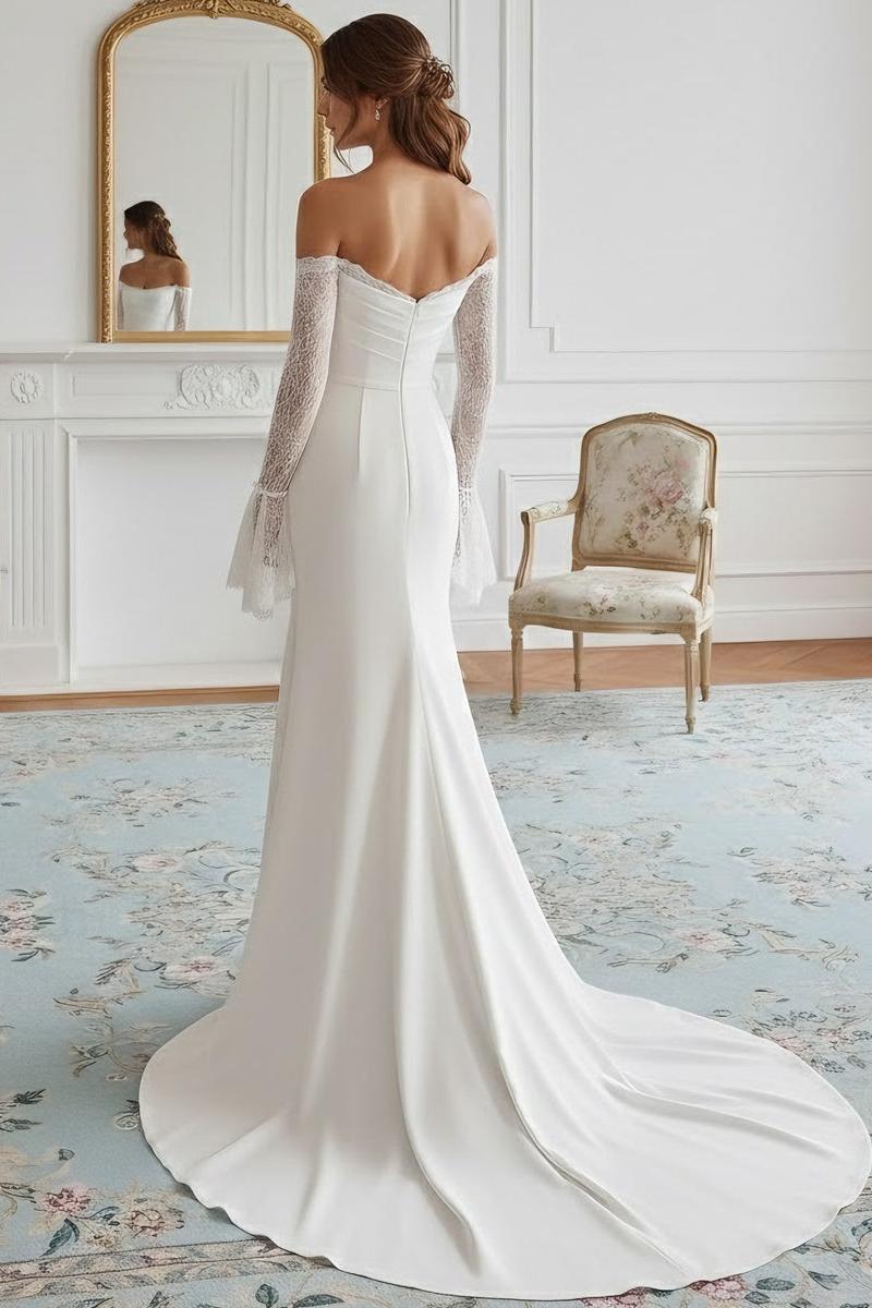 Trumpet/Mermaid Strapless Wedding Dress Silk Satin Floor-Length Sweep Train Lace Long Sleeves
