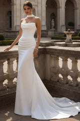 Trumpet/Mermaid Strapless Wedding Dress with Scarf Satin Floor-Length Sweep Train Ruched