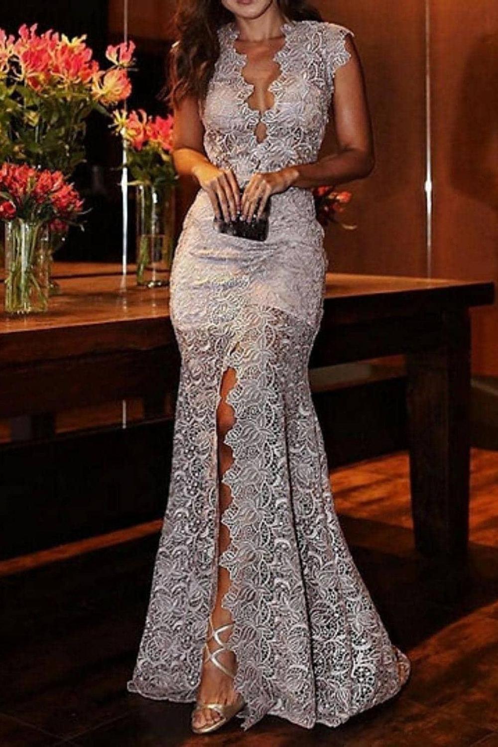 Trumpet/Mermaid Wedding Dress V-Neck Floor-length Lace Beach Bridal Gown