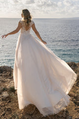 Tulle A Line Wedding Dress with Lace Cap Sleeves and Side Slit