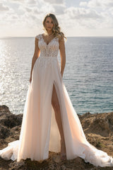 Tulle A Line Wedding Dress with Lace Cap Sleeves and Side Slit