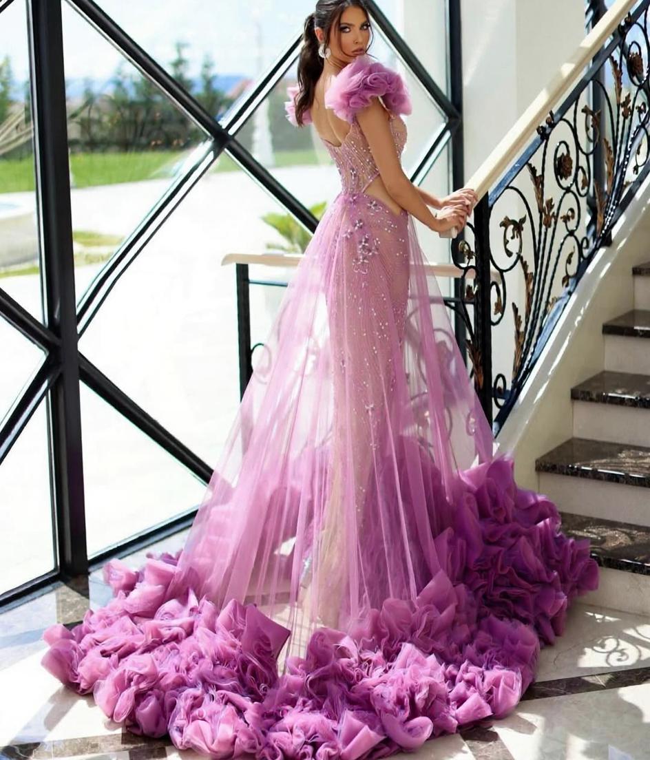 Tulle Beaded Prom Dress Ruffled Sleeveless A Line Formal Dress