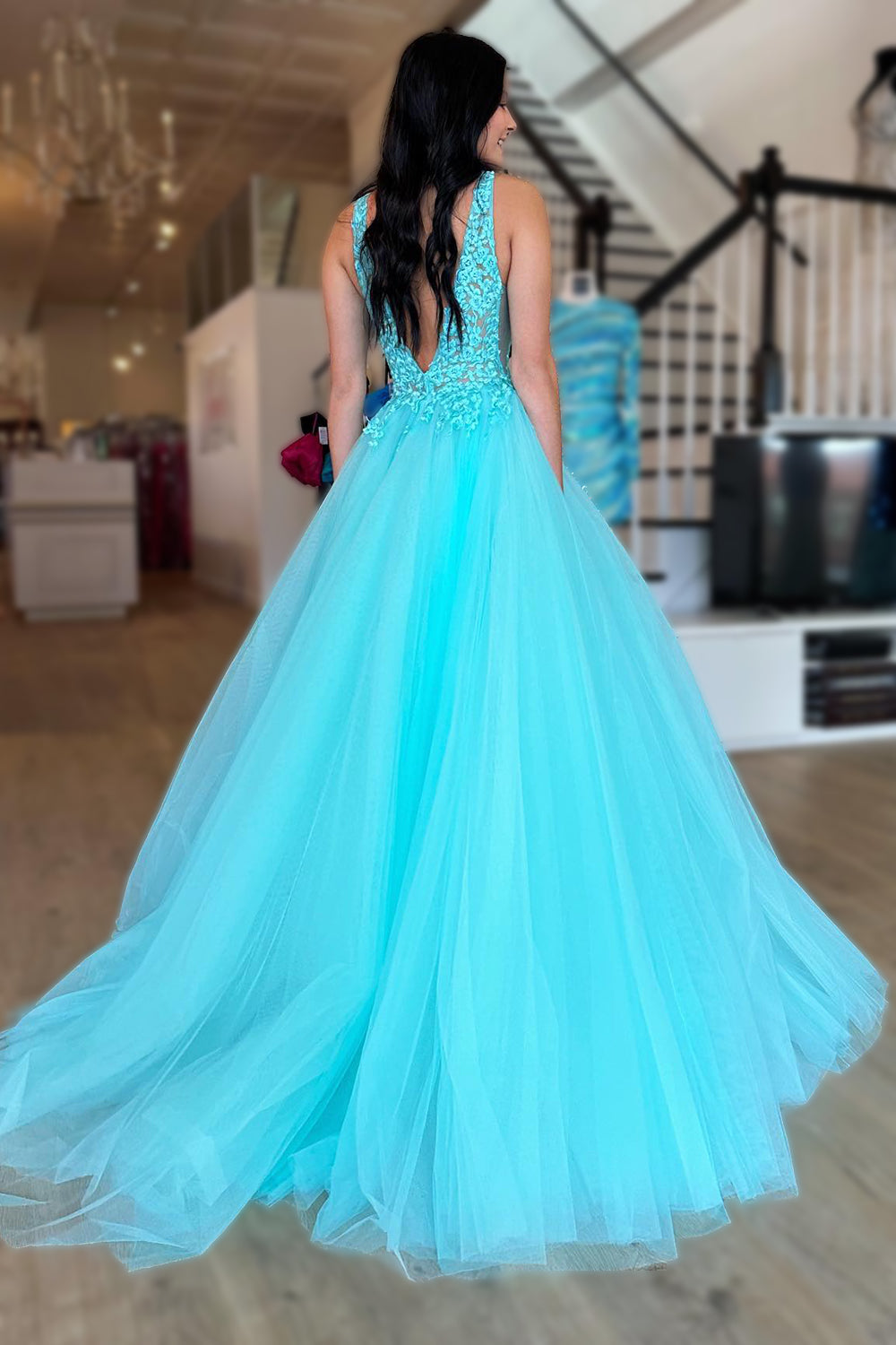 Tulle Deep V Neck Sky Blue Prom Dress Long Evening Dress with Appliques