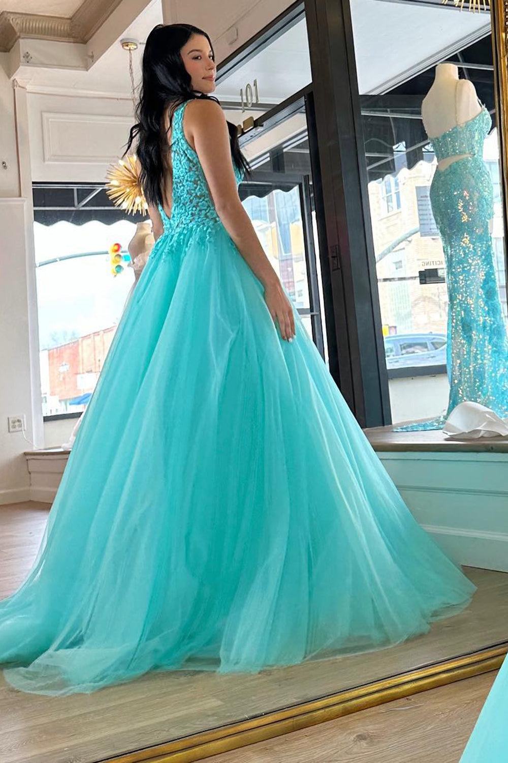 Tulle Deep V Neck Sky Blue Prom Dress Long Evening Dress with Appliques