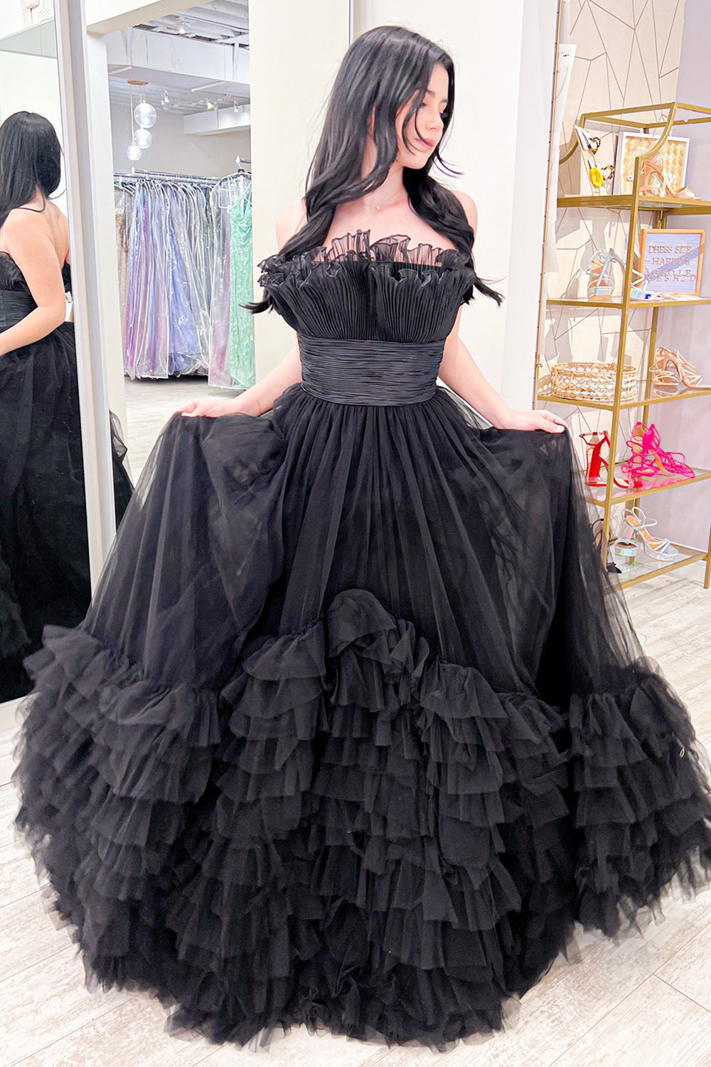 Tulle Strapless Ivory Prom Dress Long Evening Dress