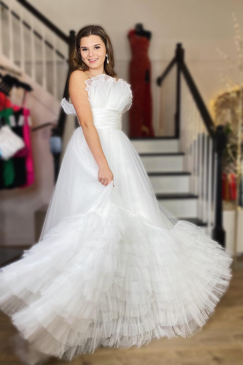 Tulle Strapless Ivory Wedding Dress Long Evening Dress
