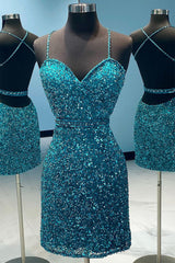 Turquoise Homecoming Dress Spaghetti Straps Sequin Prom Dress