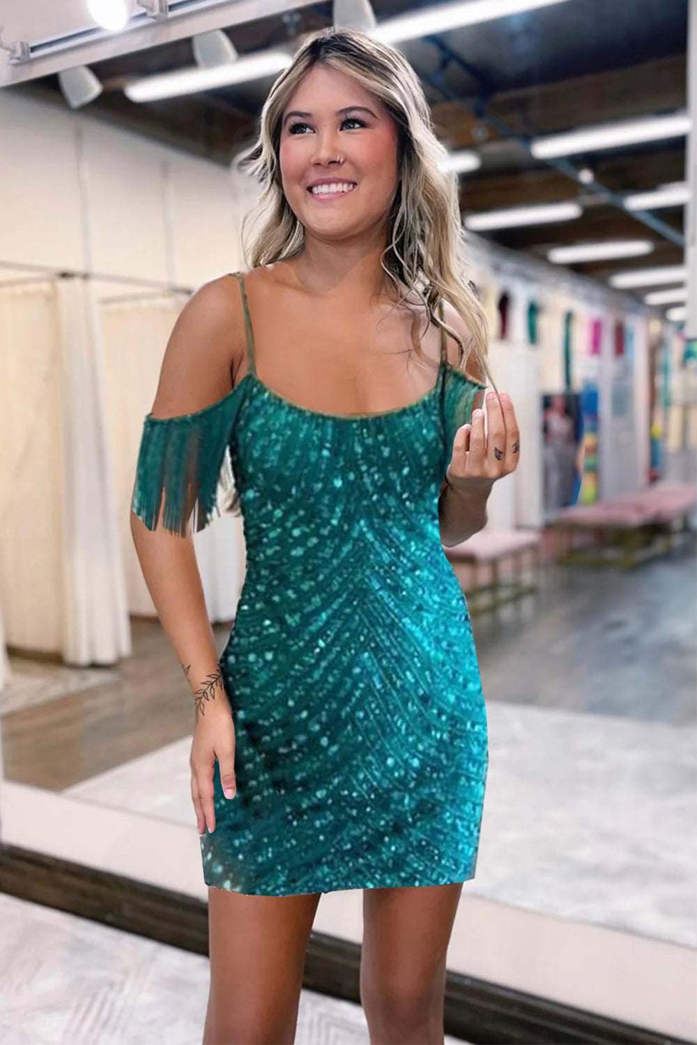 Turquoise Homecoming Dress Tight Sequin Short Prom Dress with Fringes