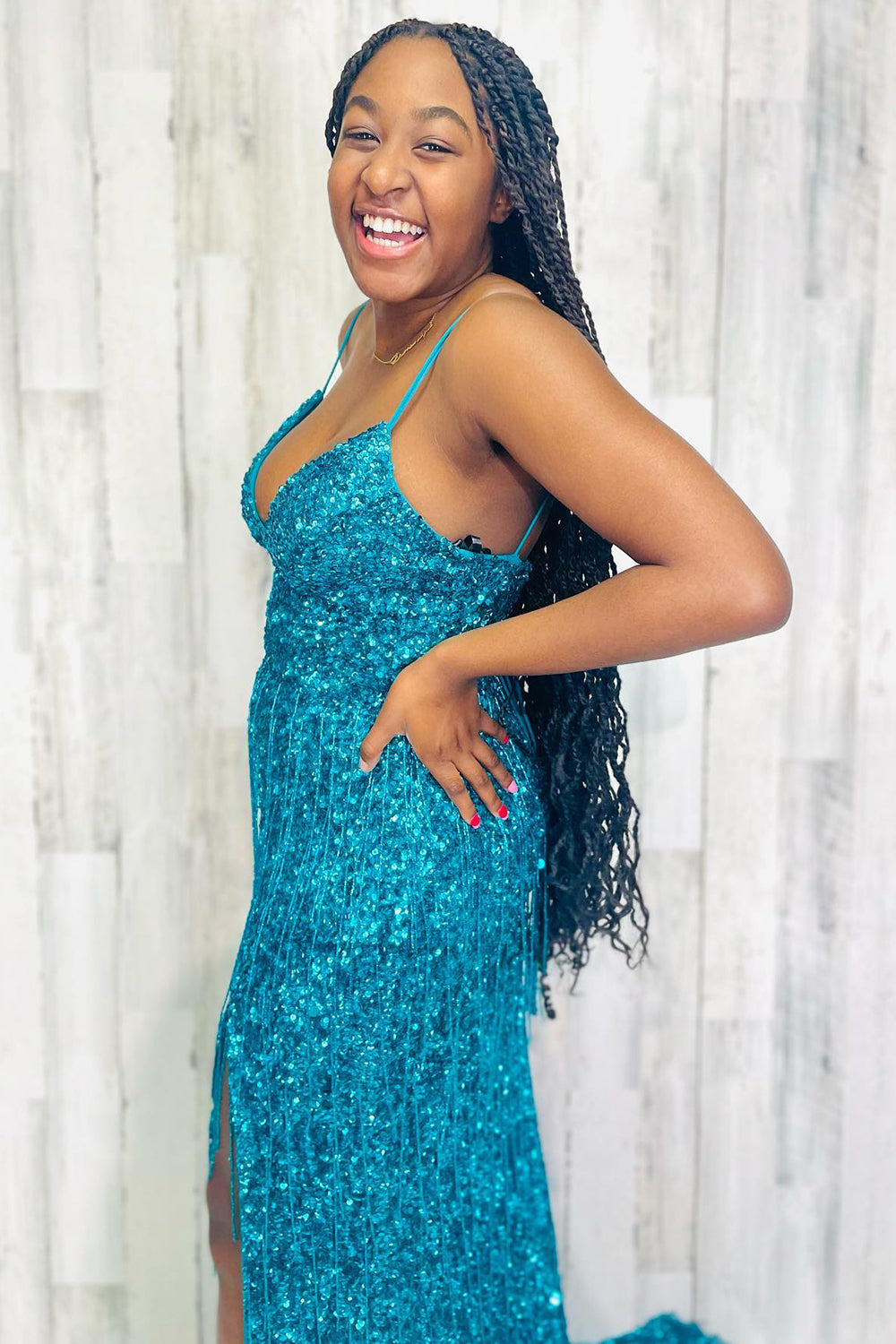 Turquoise Prom Dress Mermaid Sequined Long Evening Dress with Fringes