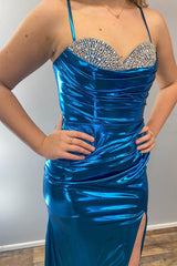 Turquoise Prom Dress Mermaid Spaghetti Straps Metallic Long Formal Dress With Slit