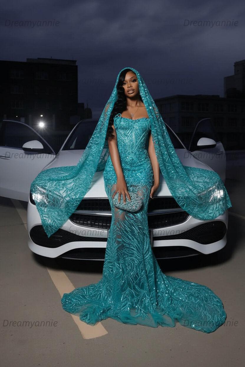 Strapless Silver Prom Dress Sequined Tulle Mermaid Formal Evening Dress