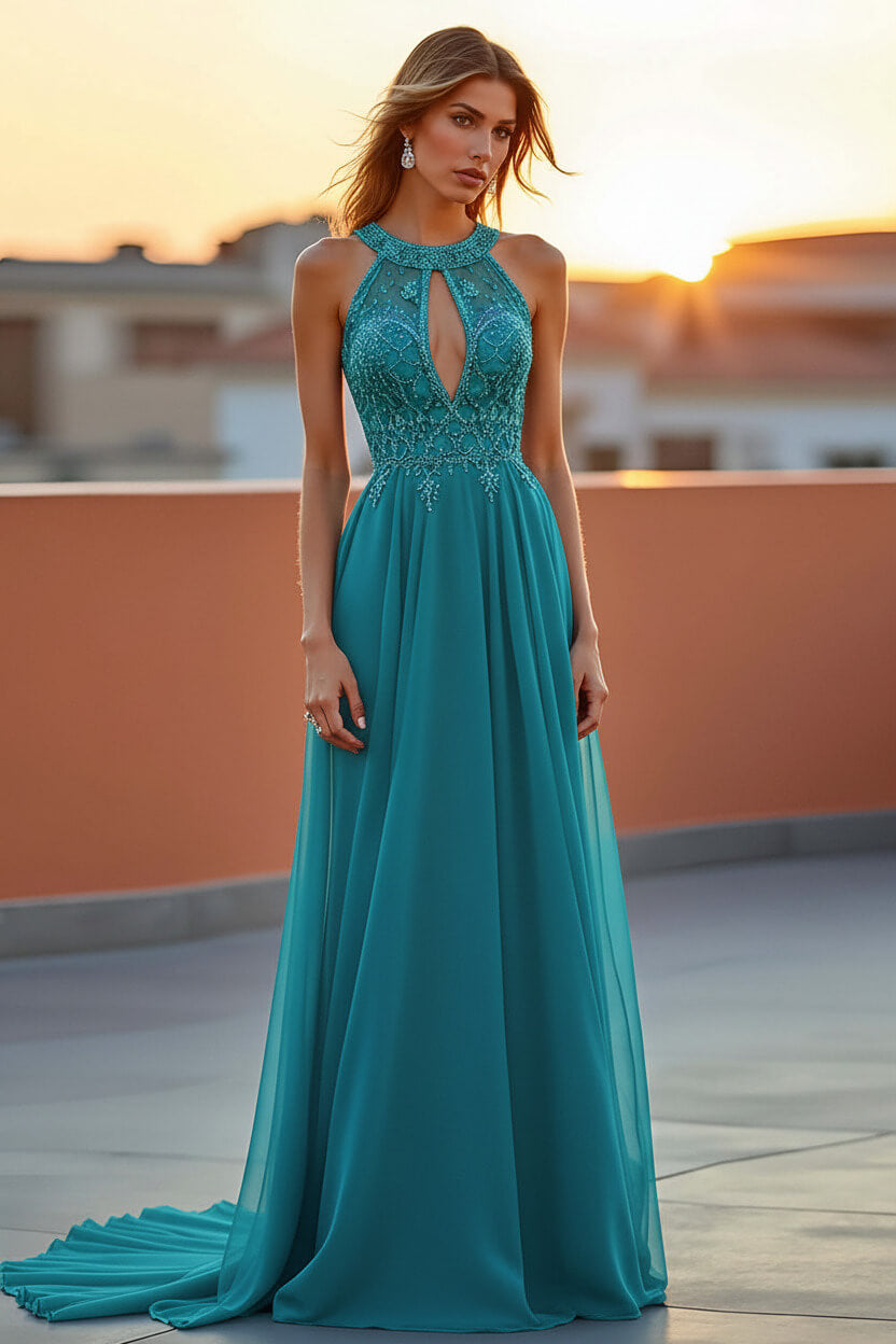 Dreamyannie Beaded Navy Wedding Guest Dress Halter Long Formal Dress With Embroideries
