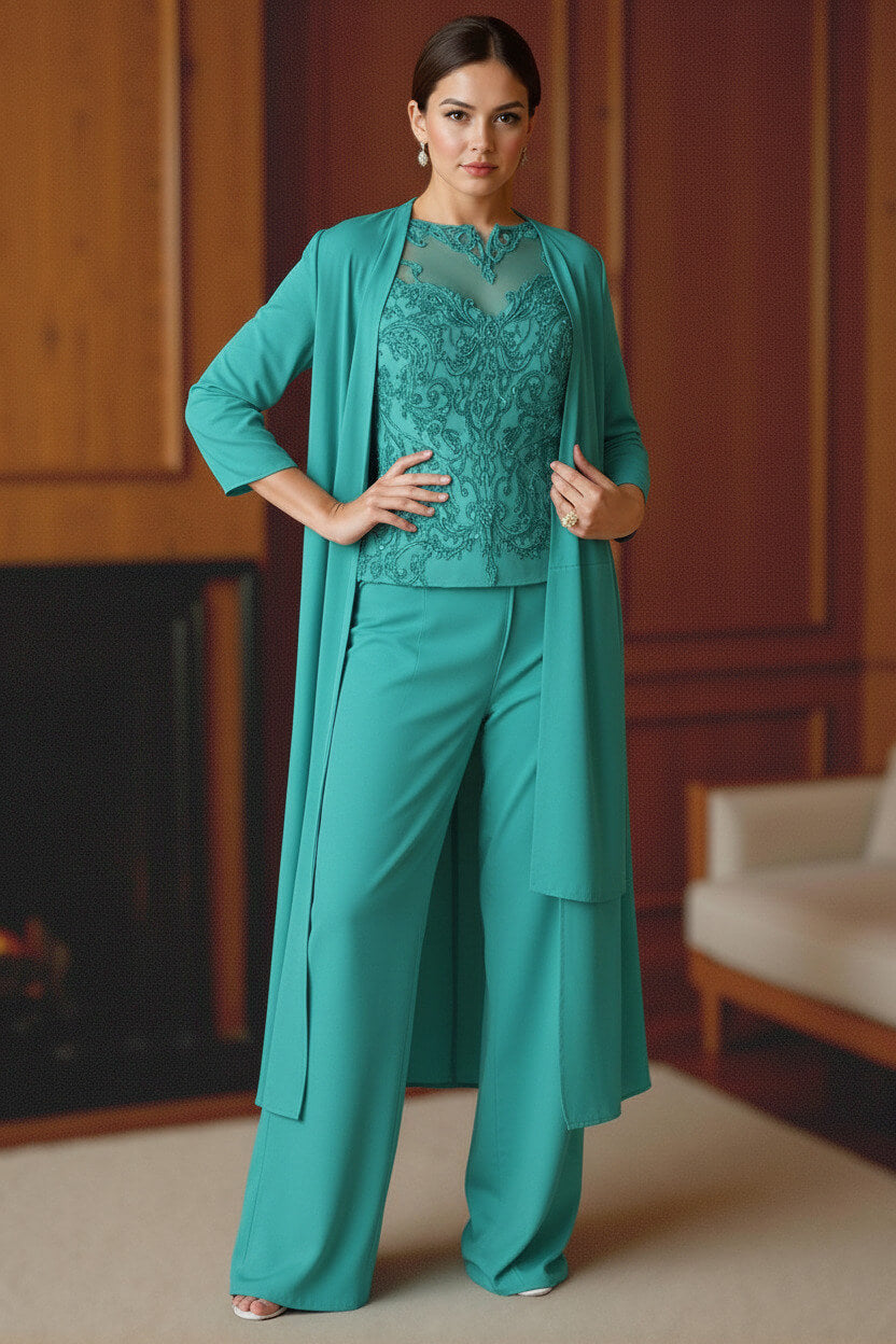 Dreamyannie Light Blue Bateau Neck Chiffon 3 Piece Mother Of The Bride Pant Suits With Jacket