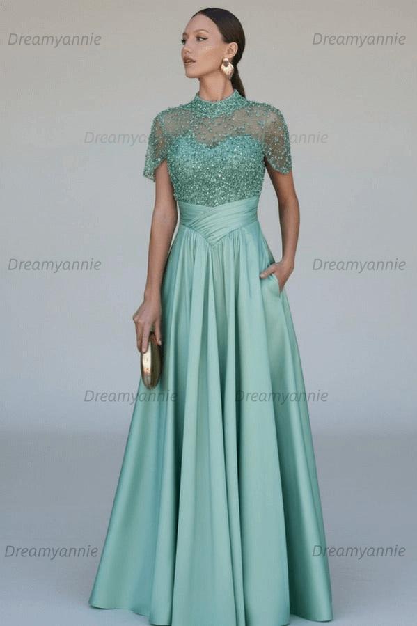 Green A Line Prom Dress Short Sleeve High Neck Beaded Formal Dress