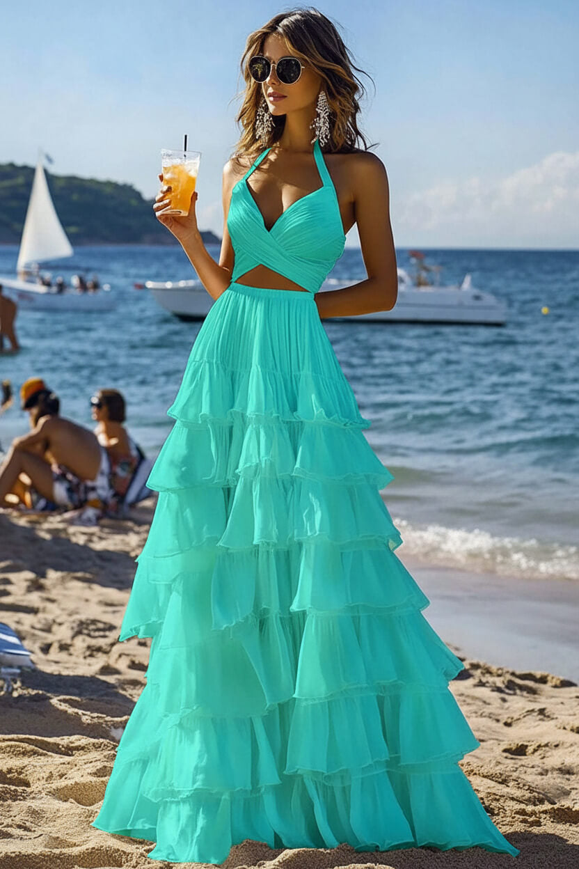 Dreamyannie Halter Tiered White 2 Piece Ruffled Formal Dress