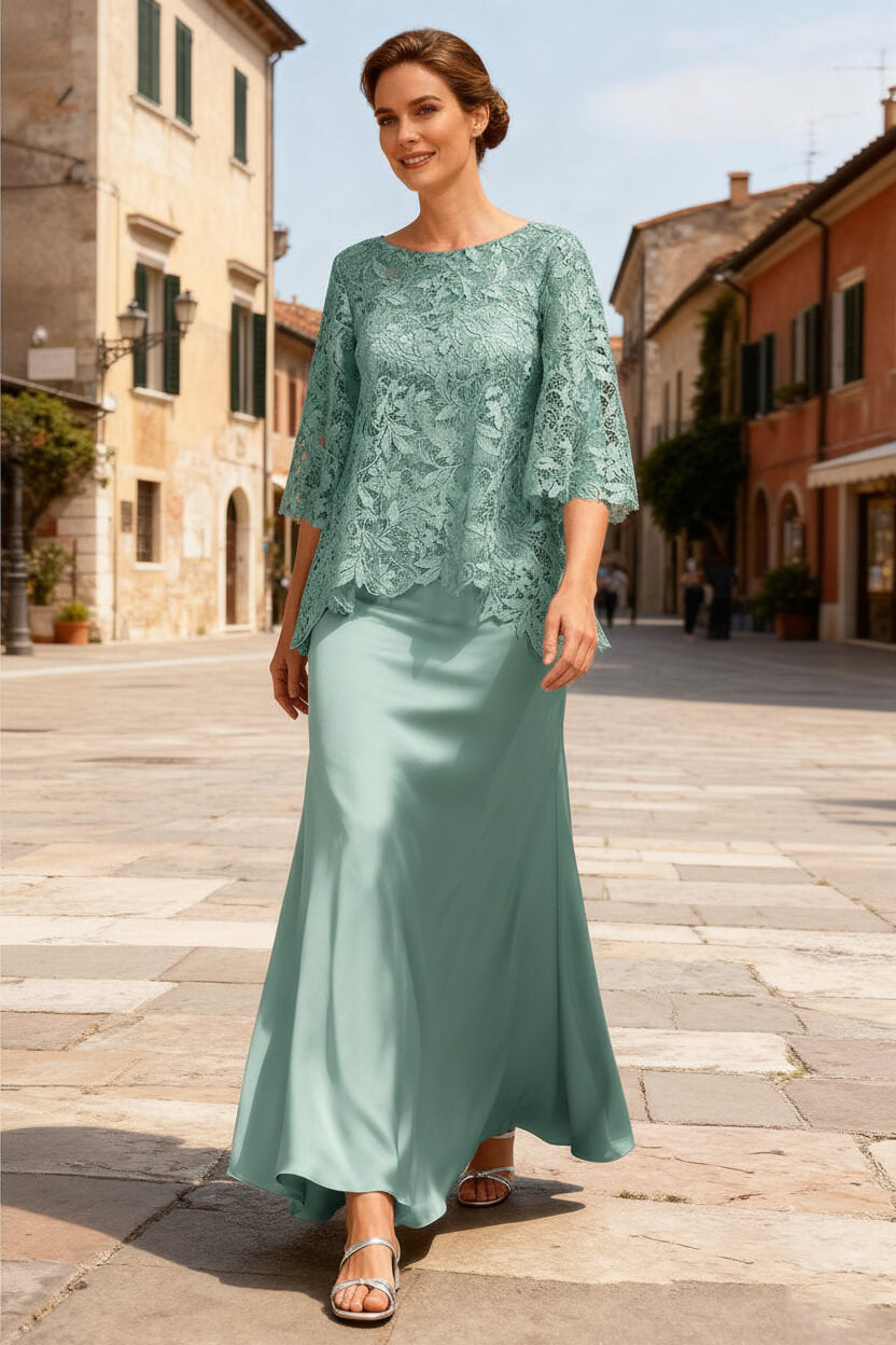 Dreamyannie Dusty Sage Satin Bateau Neck Ankle Length Mother Of The Bride Dress With Sleeves