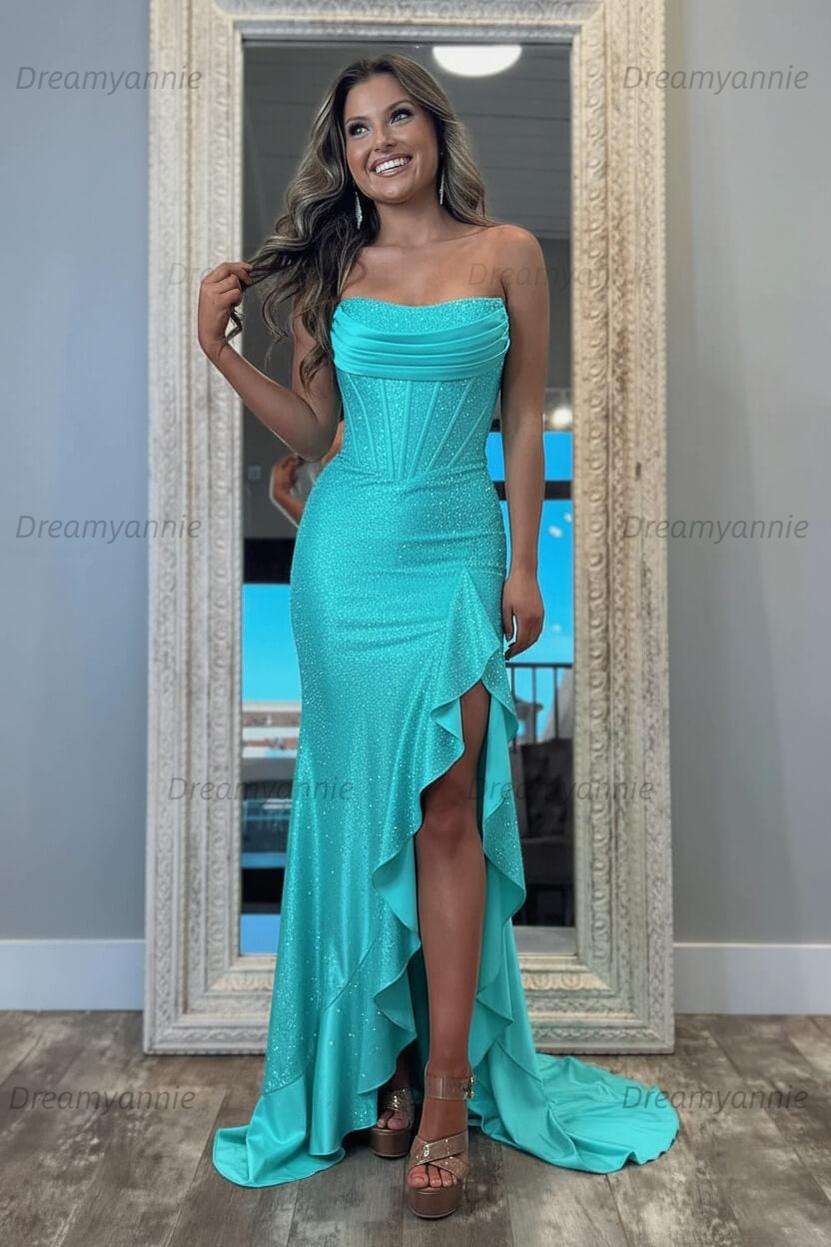 Hot Pink Beaded Prom Dress Strapless Corset Ruffled Formal Dress With Slit