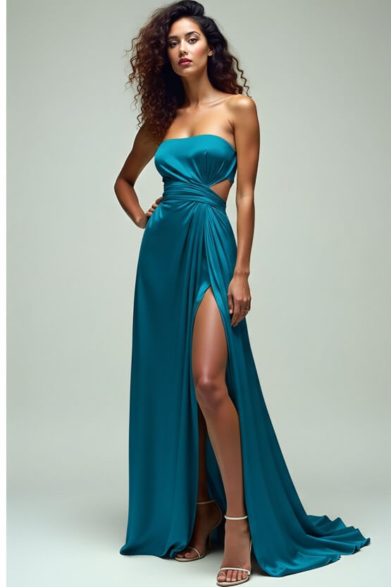 Dreamyannie Ruched Square Neck Lemon Green Wedding Guest Dress Long Formal Dress With Slit