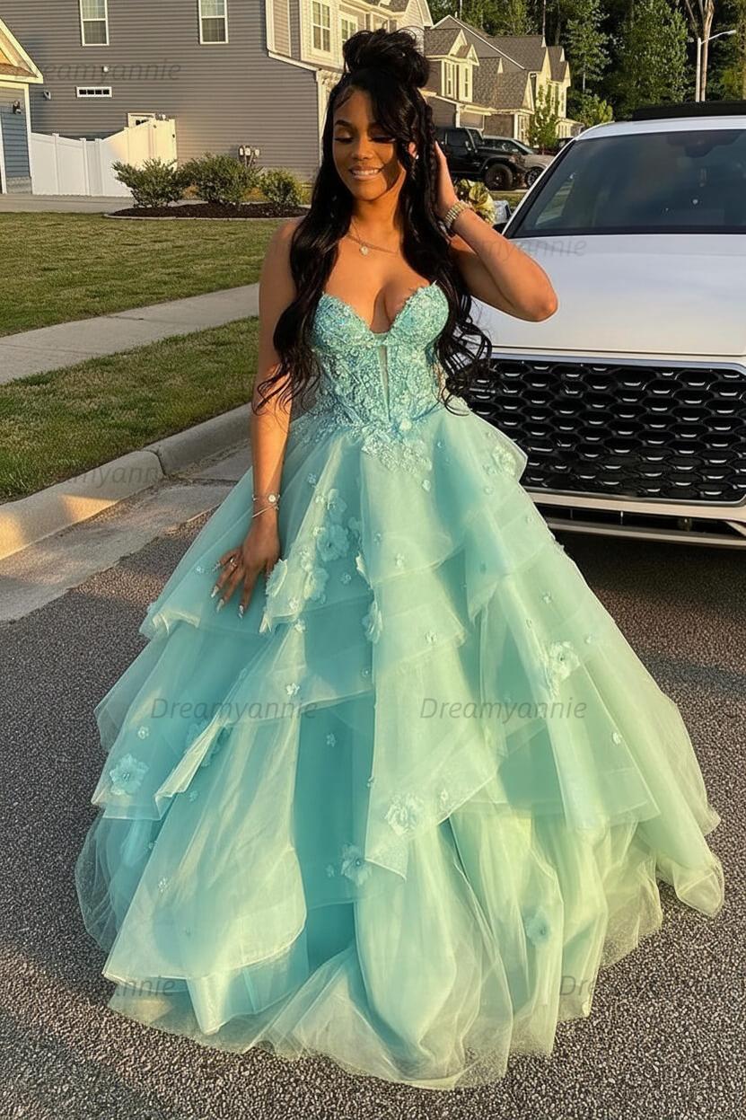 Dreamyannie Sage Prom Dress Floral Tiered Ruffles A-Line Sweetheart Corset Long Formal Dress