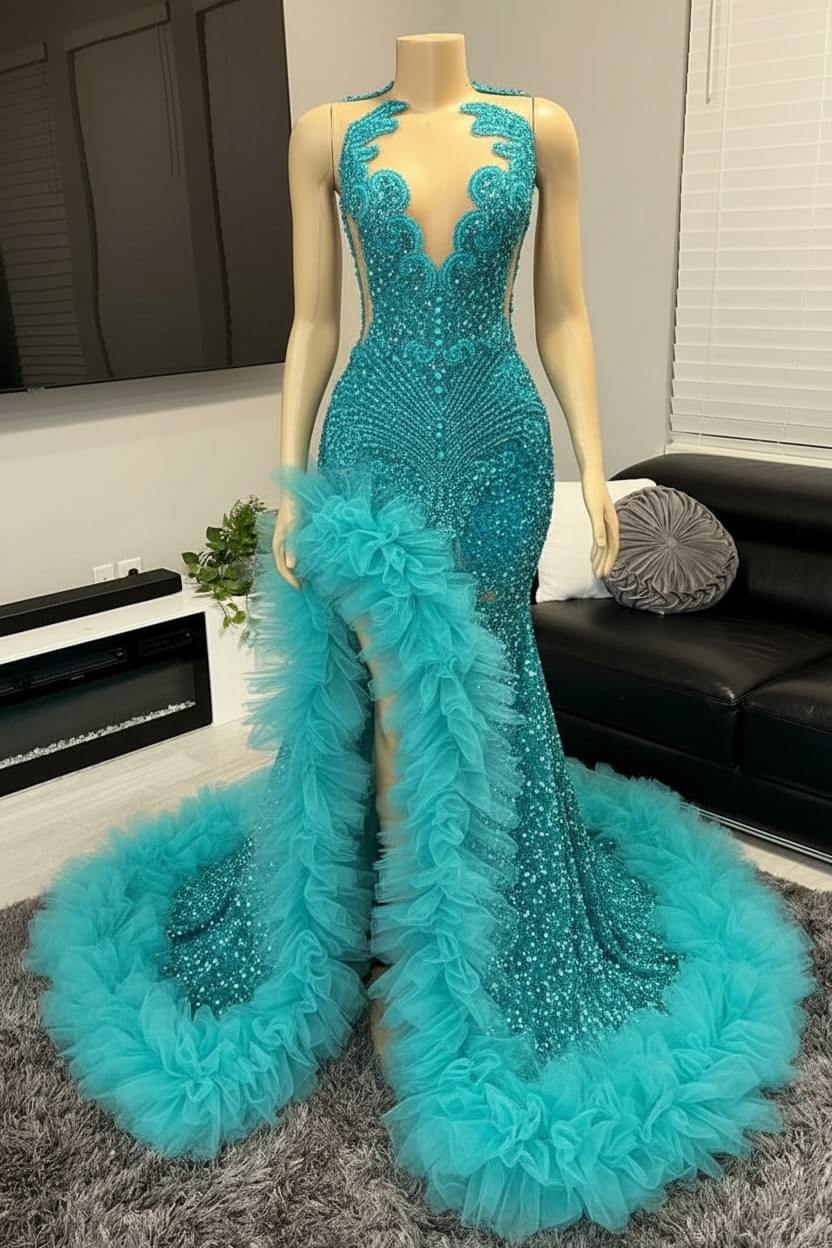 Mermaid Beaded Prom Dress Tulle Ruffles Sequined Formal Dress