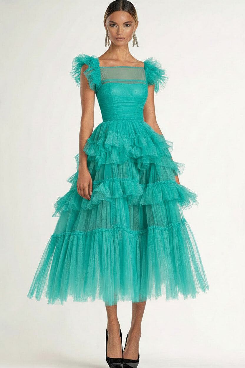 Dreamyannie Tea Length Black Wedding Guest Dress A-Line Flatter Sleeves Tulle Formal Dress With Ruffles
