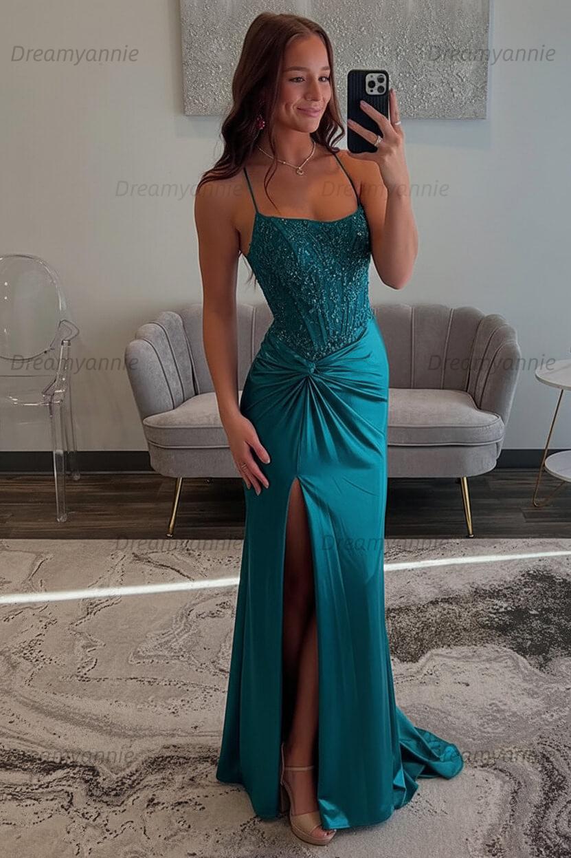 Dreamyannie Red Prom Dress Spaghetti Straps Ruhed Long Lace Formal Dress With Appliques
