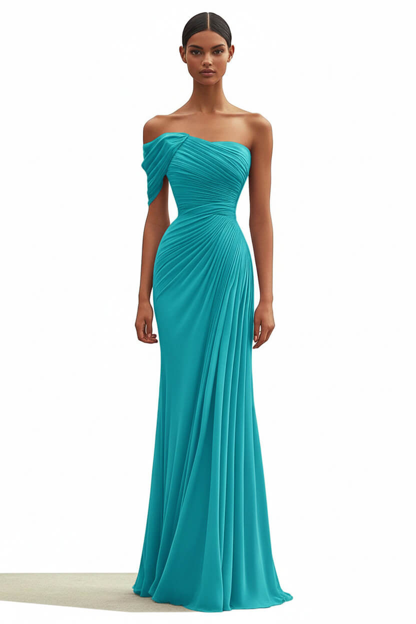 Dreamyannie One Shoulder Ruched Mermaid Dark Green Wedding Guest Dress Long Formal Dress