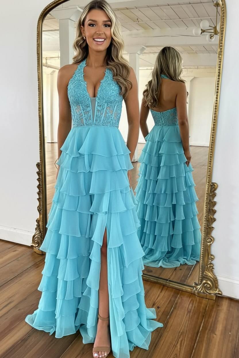 Dreamyannie Sky Blue Prom Dress Ruffled Halter Corset Formal Dress With Slit