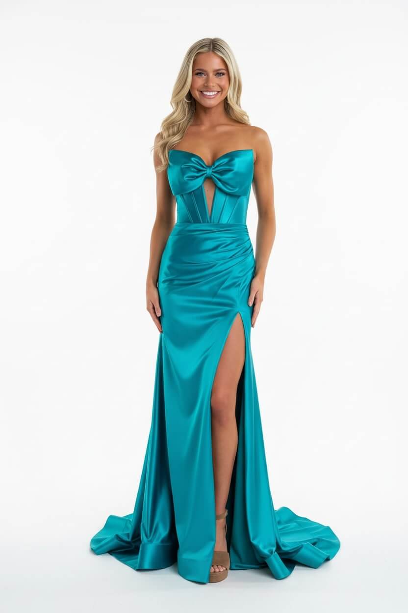 Dreamyannie Corset Red Prom Dress Satin Sweetheart Formal Dress With Slit