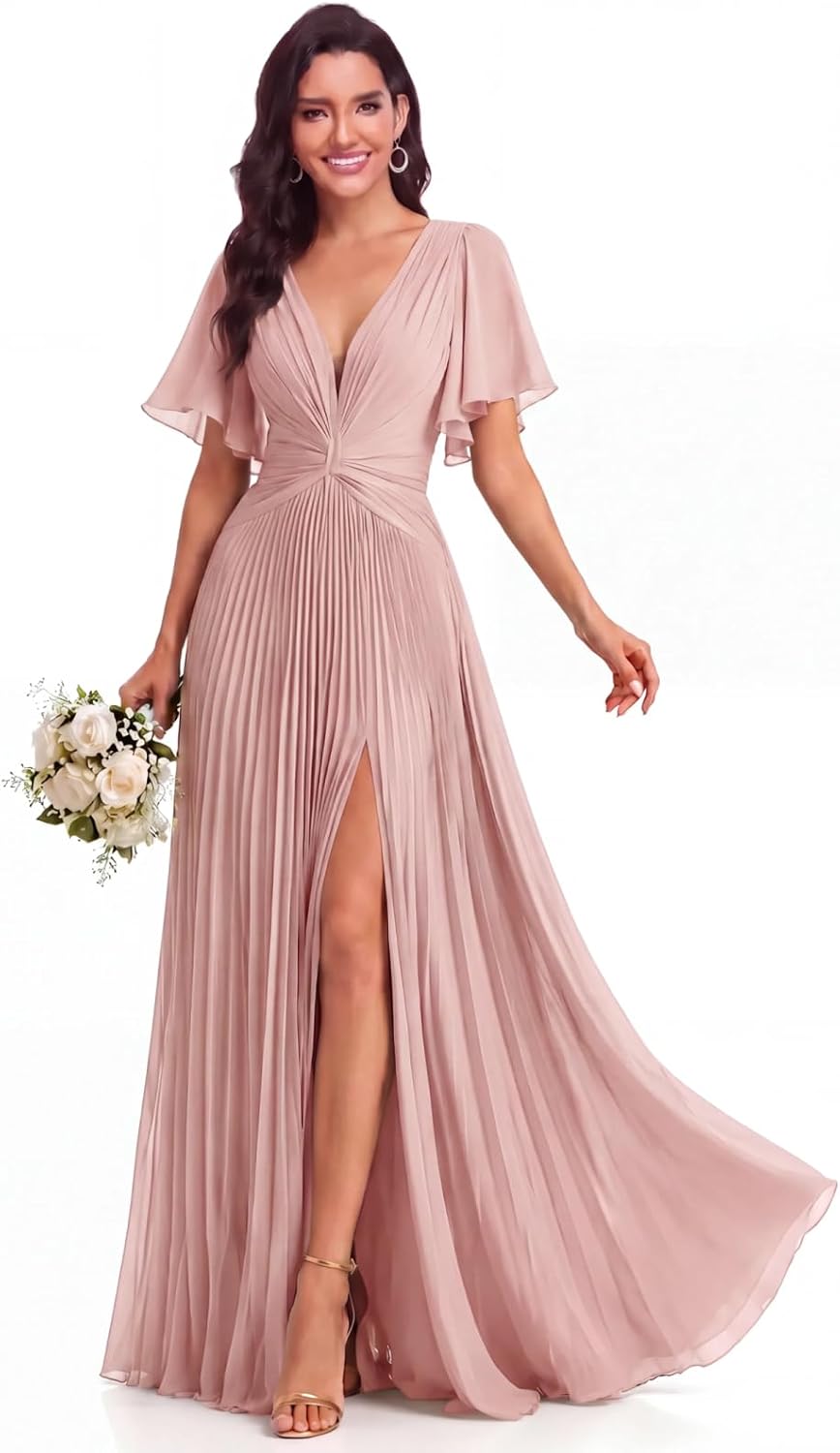 Twist-Front Pleated Chiffon Bridesmaid Dress with Flutter Sleeves