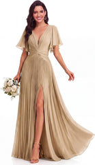 Twist-Front Pleated Chiffon Bridesmaid Dress with Flutter Sleeves
