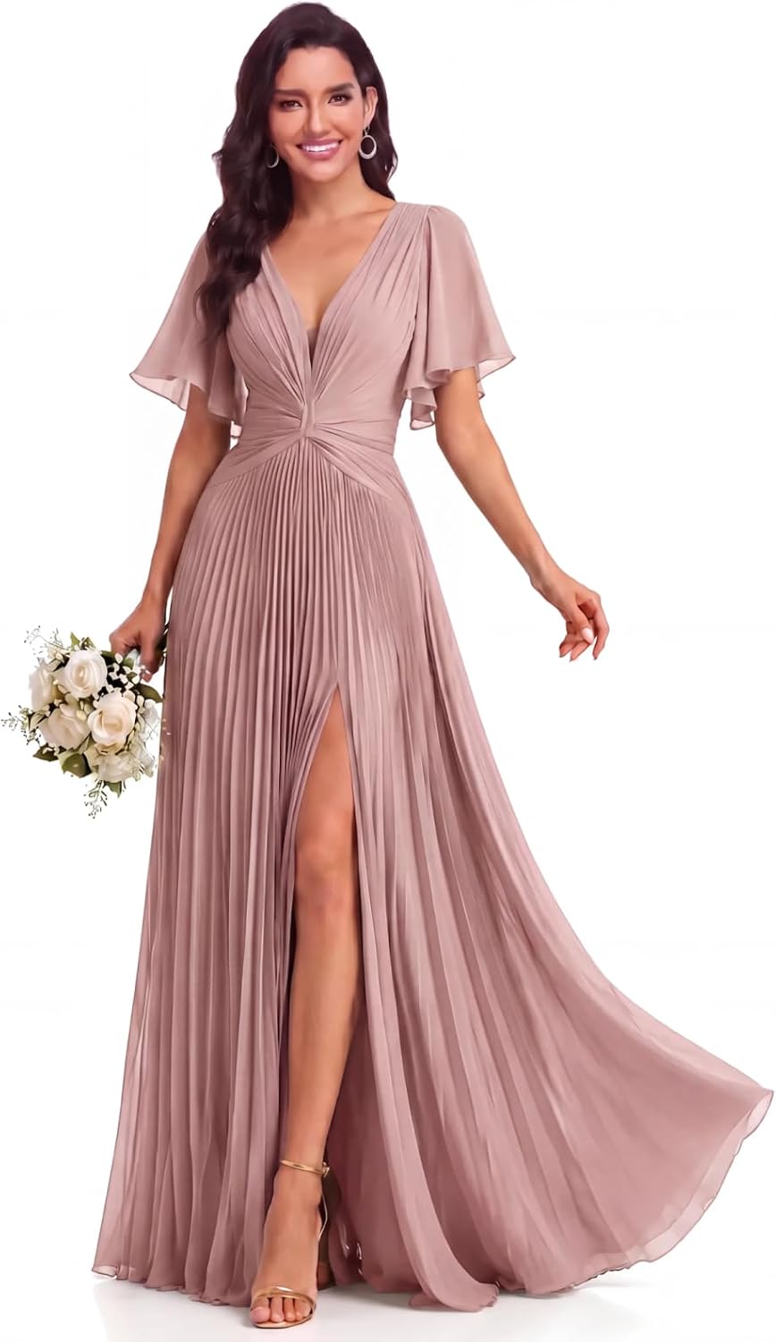 Twist-Front Pleated Chiffon Bridesmaid Dress with Flutter Sleeves