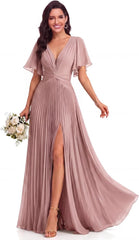 Twist-Front Pleated Chiffon Bridesmaid Dress with Flutter Sleeves
