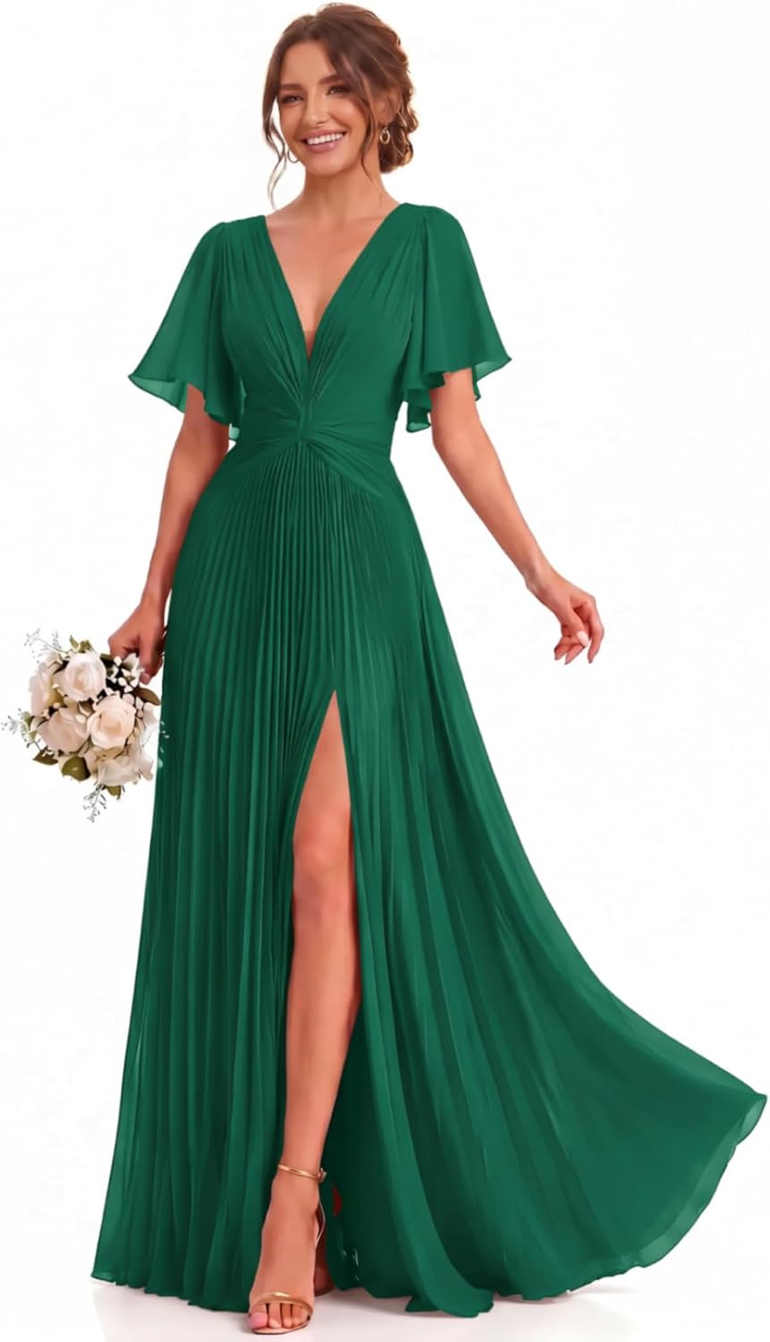 Twist-Front Pleated Chiffon Bridesmaid Dress with Flutter Sleeves