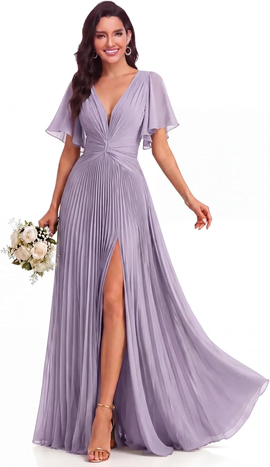 Twist-Front Pleated Chiffon Bridesmaid Dress with Flutter Sleeves