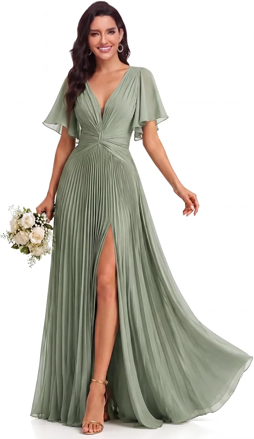 Twist-Front Pleated Chiffon Bridesmaid Dress with Flutter Sleeves