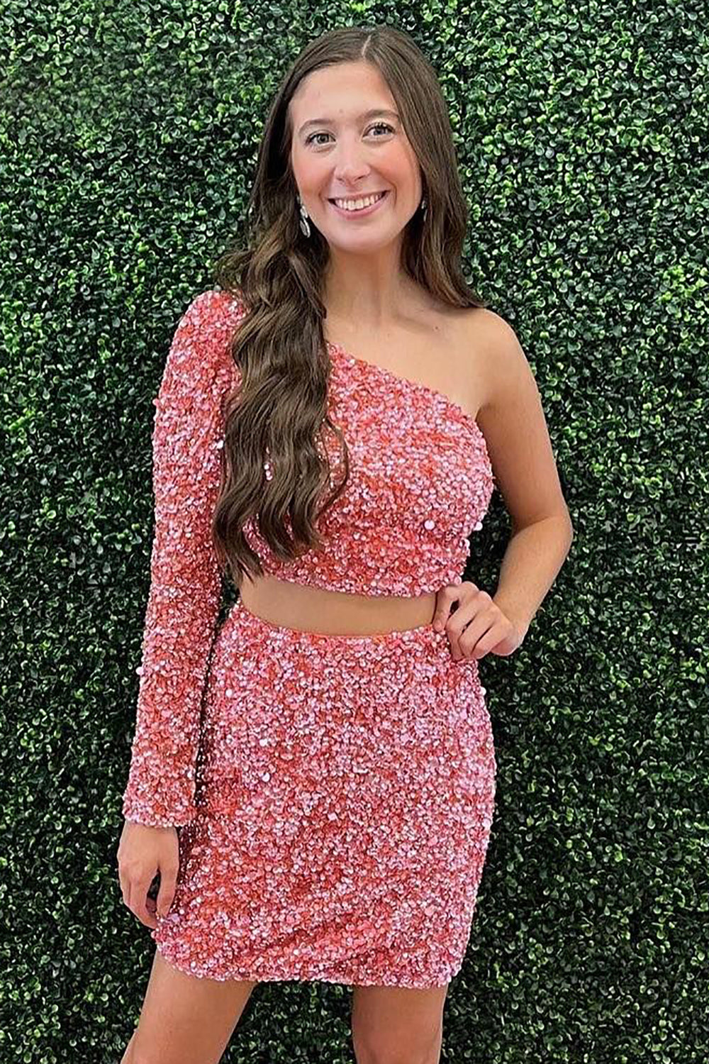 Two Piece Blush Homecoming Dress Sequin One Shoulder Tight Prom Dress