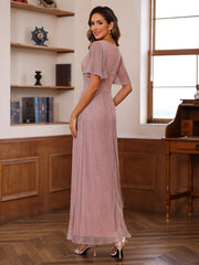 Unique V Neck A Line Ankle Length Mother of the Bride Dresses with Ruffles and Short Sleeves