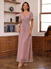 Unique V Neck A Line Ankle Length Mother of the Bride Dresses with Ruffles and Short Sleeves