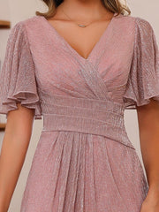 Unique V Neck A Line Ankle Length Mother of the Bride Dresses with Ruffles and Short Sleeves