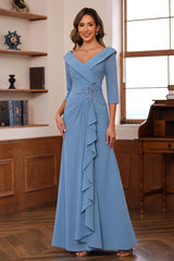 V Neck 3/4 Sleeve Long Sheath Column Mother of the Bride Dress with Ruffles & Appliques