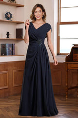 V Neck A Line Long Dresses for Mothers of the Bride & Groom with Ruched Pleats Jewel Appliques & Sequins