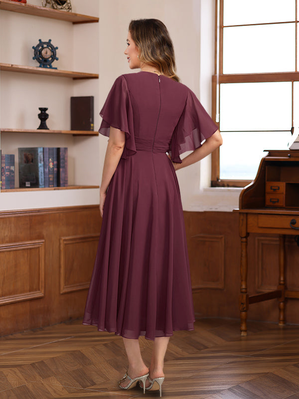 V Neck A Line Dresses with Ruched Pleats and Jewel Appliques for Mothers of the Bride & Groom